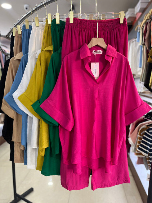 Women Collar Down Half Sleeves Pullover Shirts With Loose Trousers